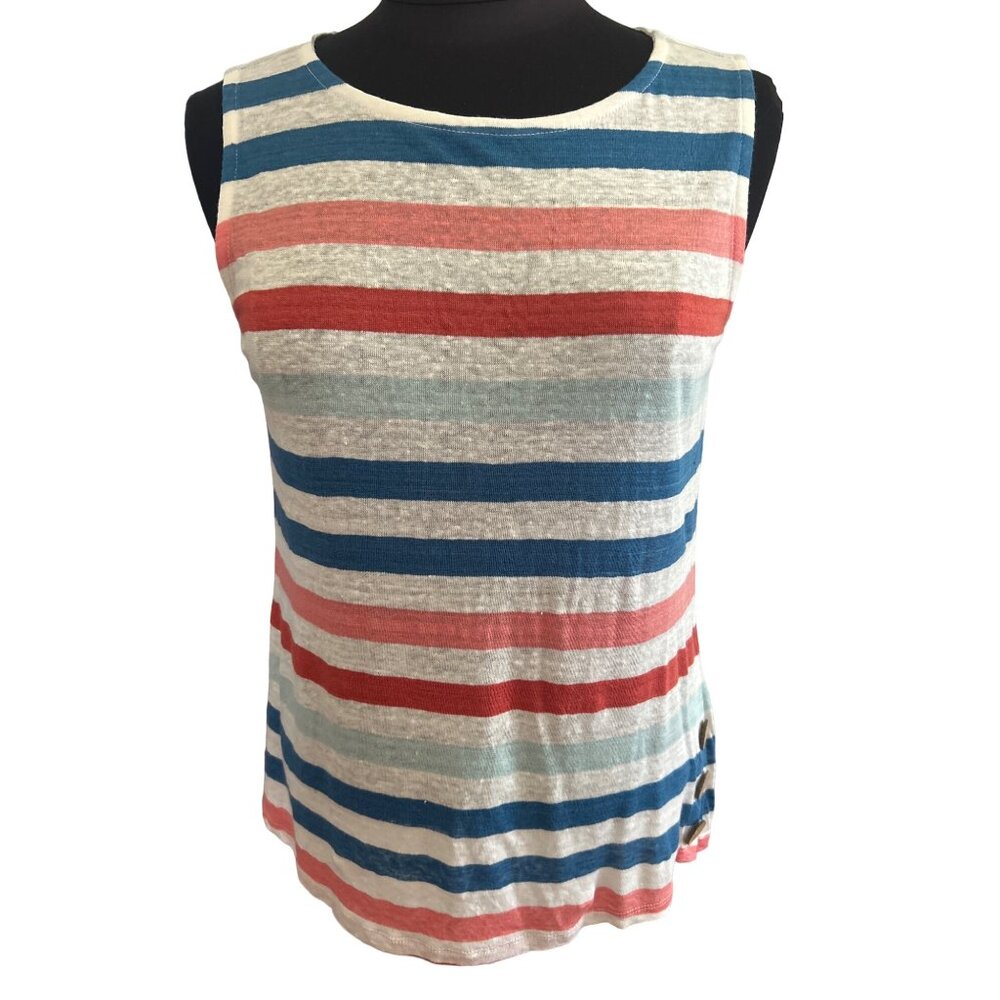 Colorful Striped Sleeveless 100% Linen Top With Side Buttons Size S